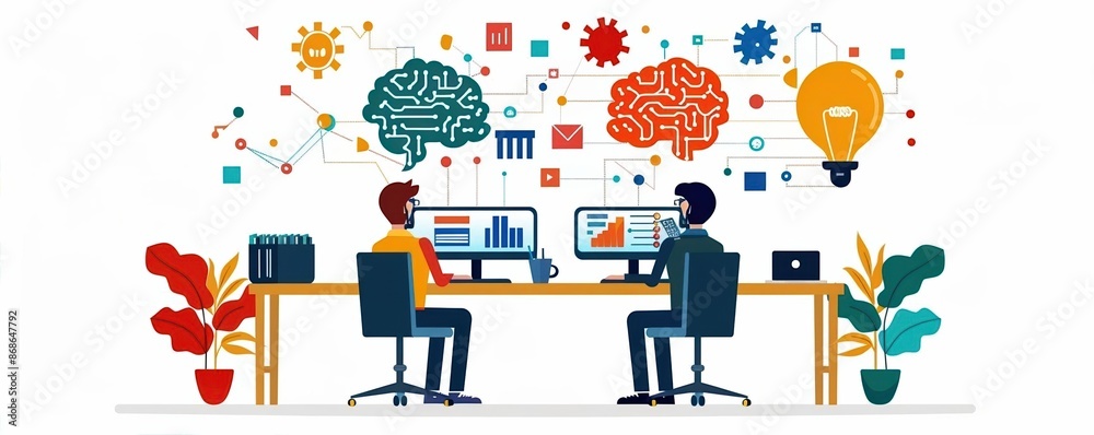 Two individuals at desks analyzing data on computers, surrounded by bright icons representing ideas and growth Two individuals at desks analyzing data on computers, surrounded by bright icons representing ideas and growth