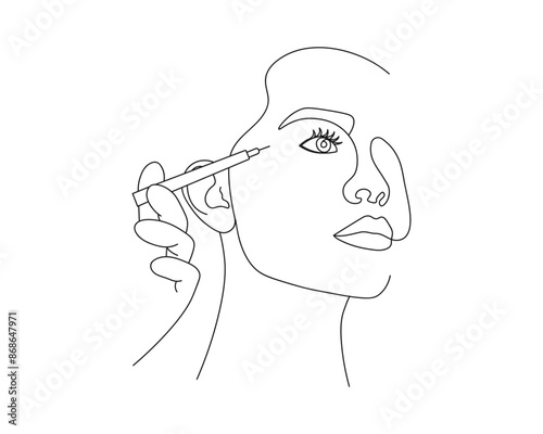 Continuous one line drawing of hand holding syringe -lips injection. Beauty procedures, fillers, lip augmentation. Beauty surgery concept line art vector illustration.