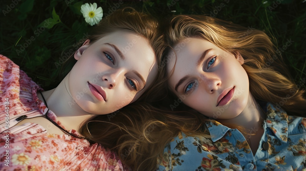 Two friend girls relaxing lying down while looking at camera together