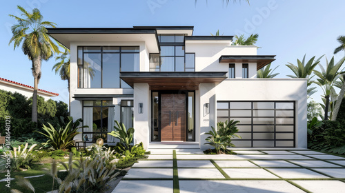 3D Rendering of minimal contemporary style residential project. An exterior view of modern design home with minimal landscape.