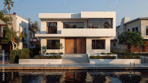 3D Rendering of minimal contemporary style residential project. An exterior view of modern design home with minimal landscape.