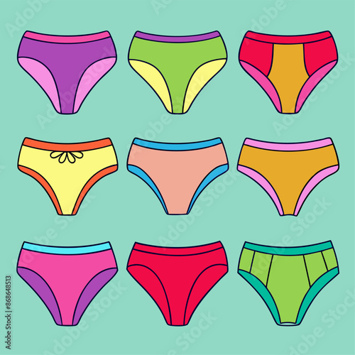 A set of vibrant underwear displayed against a blue backdrop