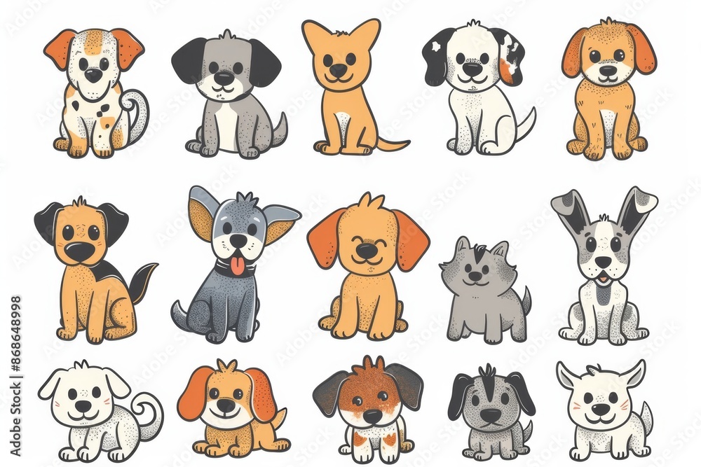 Cute dogs set, pet animal symbols, hand drawn puppy icons silhouettes, funny dog character drawings