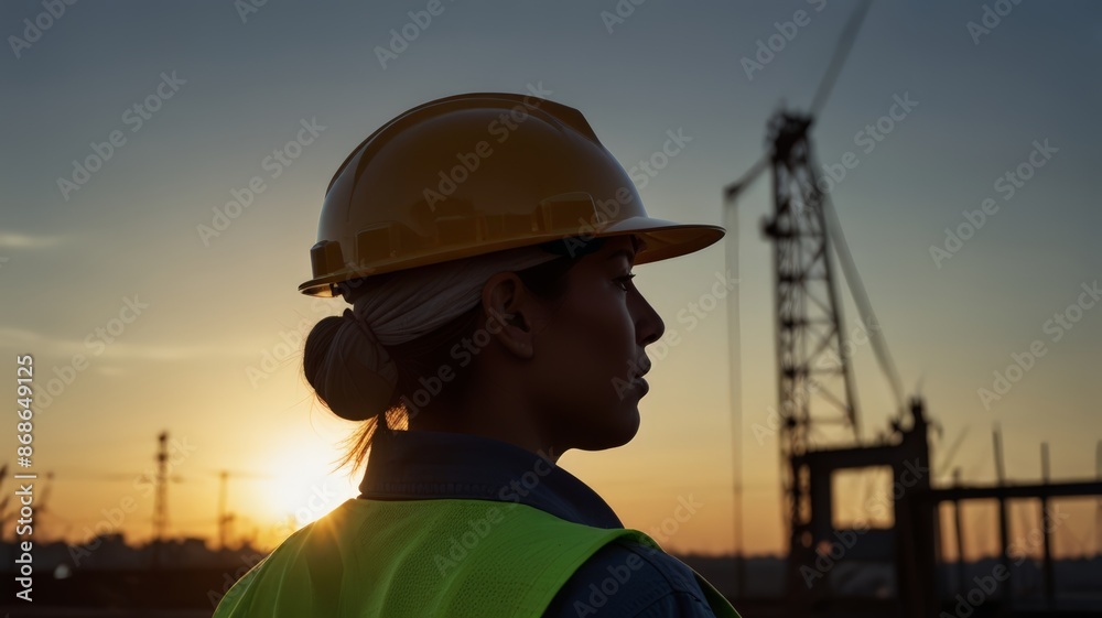 Silhouette Illustration of a Project Supervisor Wearing a Safety Helmet Looking at an Infrastructure Building Project. Silhouette Illustration of a Project Supervisor Wearing a Safety Helmet Looking at an Infrastructure Building Project.