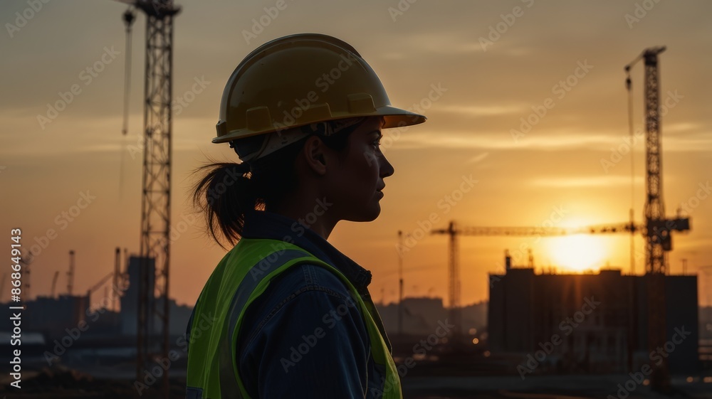 Silhouette Illustration of a Project Supervisor Wearing a Safety Helmet Looking at an Infrastructure Building Project. 