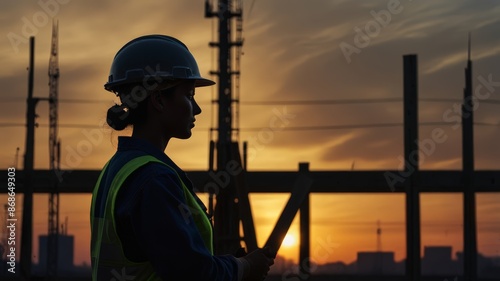 Silhouette Illustration of a Project Supervisor Wearing a Safety Helmet Looking at an Infrastructure Building Project. 