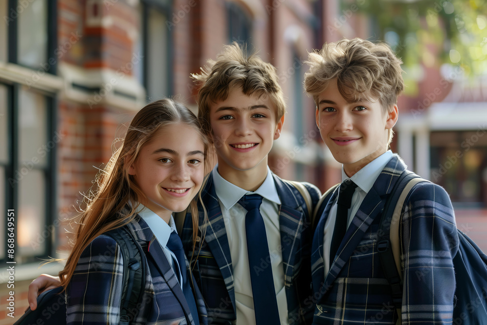three students of a private school wearing school uniforms with school building in the background three students of a private school wearing school uniforms with school building in the background
