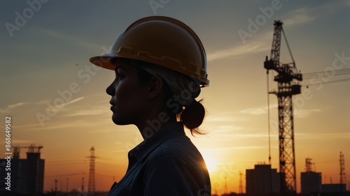 Silhouette Illustration of a Project Supervisor Wearing a Safety Helmet Looking at an Infrastructure Building Project. 