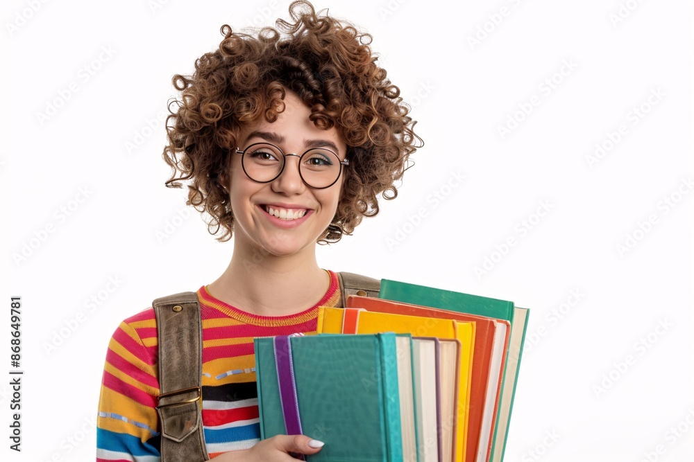 A teacher with curly hair, wearing glasses and a colorful striped shirt, is holding a stack of books , on a white background A teacher with curly hair, wearing glasses and a colorful striped shirt, is holding a stack of books , on a white background