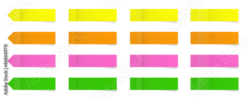 Set of long thin paper stickers. Pointed bookmarks. Stick in notes. pink, yellow, orange and green colors. Multicolor post it notes. Sheets of paper. Tag, sticky note.