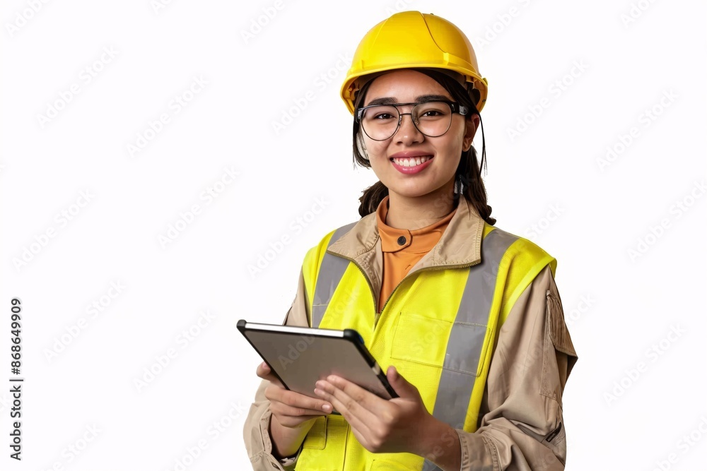 Engineer woman holding a tablet wearing glasses and a vest on a white background Engineer woman holding a tablet wearing glasses and a vest on a white background
