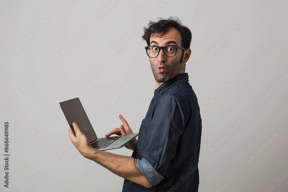 A man wearing glasses and a dark blue shirt is holding a laptop while looking surprised with wide eyes and an open mouth. A man wearing glasses and a dark blue shirt is holding a laptop while looking surprised with wide eyes and an open mouth.