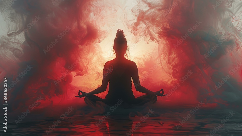 illustration of young woman meditate in yoga pose on a smoke background near water, silhouette