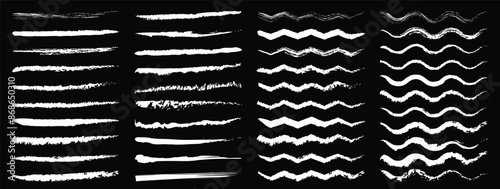 Set of hand painted chalk brushes. Hand drawn grunge lines on chalkboard background can be used as art brushes.