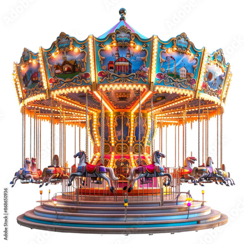 Colorful Vintage Carousel with Illuminated Horses, isolated on white background, transparent background  © komgritch