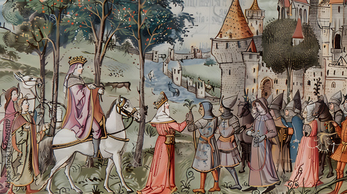 Medieval style colorful wall and manuscript illustrations of middle ages aristocracy