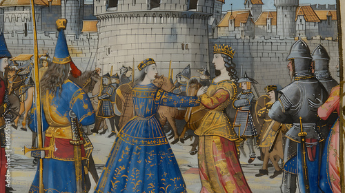 Medieval style colorful wall and manuscript illustrations of middle ages aristocracy