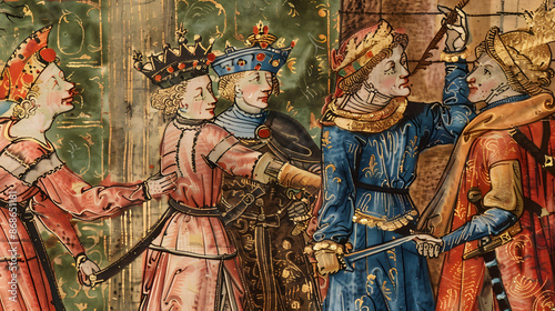 Medieval style colorful wall and manuscript illustrations of middle ages aristocracy