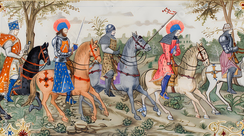 Medieval style colorful wall and manuscript illustrations of middle ages aristocracy