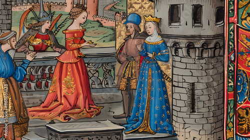 Medieval style colorful wall and manuscript illustrations of middle ages aristocracy