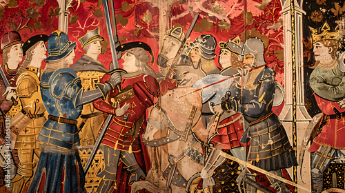 Medieval style colorful wall and manuscript illustrations of middle ages aristocracy