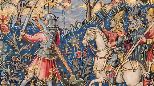 Medieval style colorful wall and manuscript illustrations of middle ages aristocracy