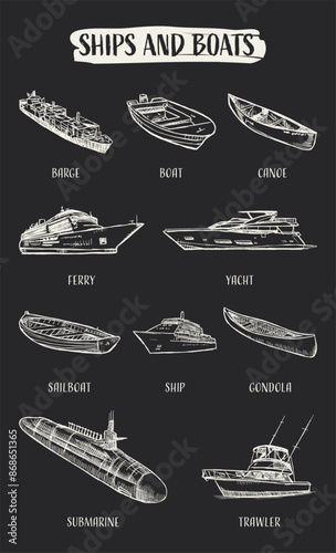 Hand drawn illustration set of different types of boats and ships