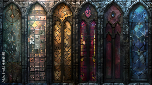 Colorful, Medieval stained glass work, church window illustration
