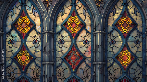 Colorful, Medieval stained glass work, church window illustration