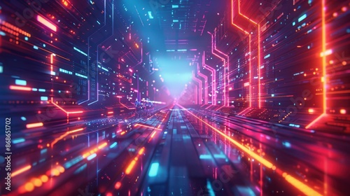 A sleek, futuristic depiction of virtual cyberspace, with geometric shapes and neon lights forming a digital landscape that captures the essence of a high-tech, immersive virtual world.