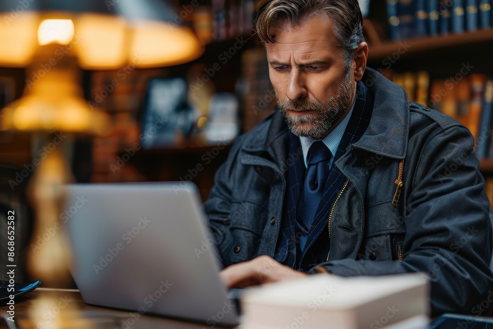 A serious-looking man is deeply focused on his laptop in an office setting with bookshelves and soft lighting, creating a studious and professional atmosphere. A serious-looking man is deeply focused on his laptop in an office setting with bookshelves and soft lighting, creating a studious and professional atmosphere.