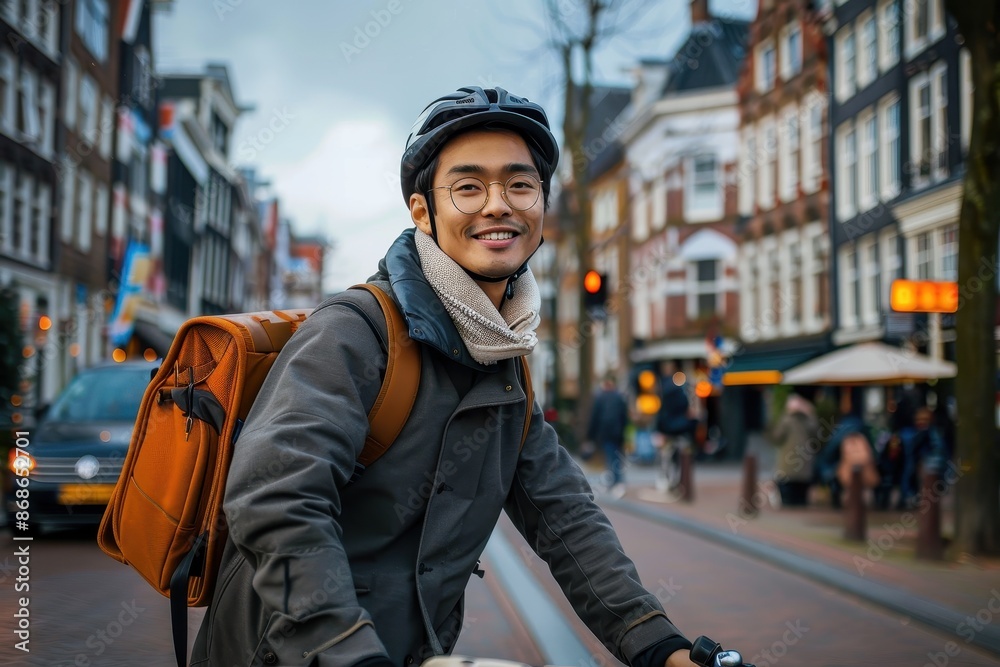 A young man with glasses and a helmet is riding a bicycle on a bustling city street, emanating happiness and enthusiasm, with a backdrop of urban architecture. A young man with glasses and a helmet is riding a bicycle on a bustling city street, emanating happiness and enthusiasm, with a backdrop of urban architecture.