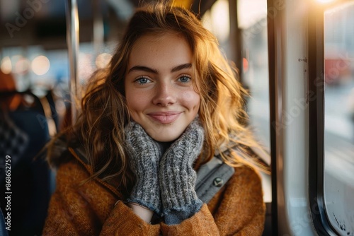 Wallpaper Mural A woman with light brown hair smiles warmly while resting her head on her gloved hands, sitting on a bus in a cozy outfit, enjoying her tranquil commute during a sunny day. Torontodigital.ca
