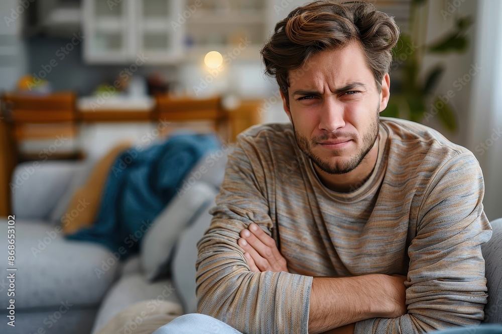 Obraz premium A man with furrowed brows and a serious expression, seated in a modern, comfortable living room; his body language suggests he is deep in thought or concentration.