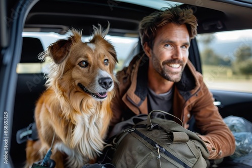 A smiling man with his dog in the trunk of a car, ready for an outdoor adventure; dressed warmly in a jacket and beanie, showing a scene of companionship and excitement. photo