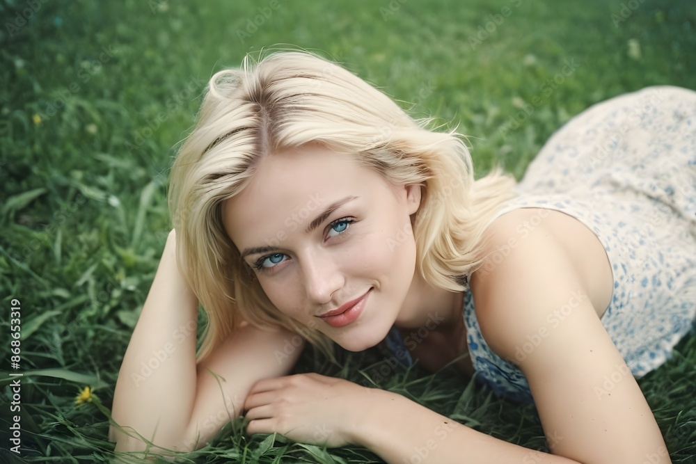 Blonde woman with a gentle smile, wearing a dress, enjoying the summer outdoors on the green grass Blonde woman with a gentle smile, wearing a dress, enjoying the summer outdoors on the green grass