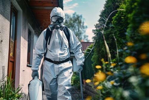 A pest control worker, wearing a white protective suit and carrying equipment, is making their way through a garden area, ready to perform pest eradication services. photo