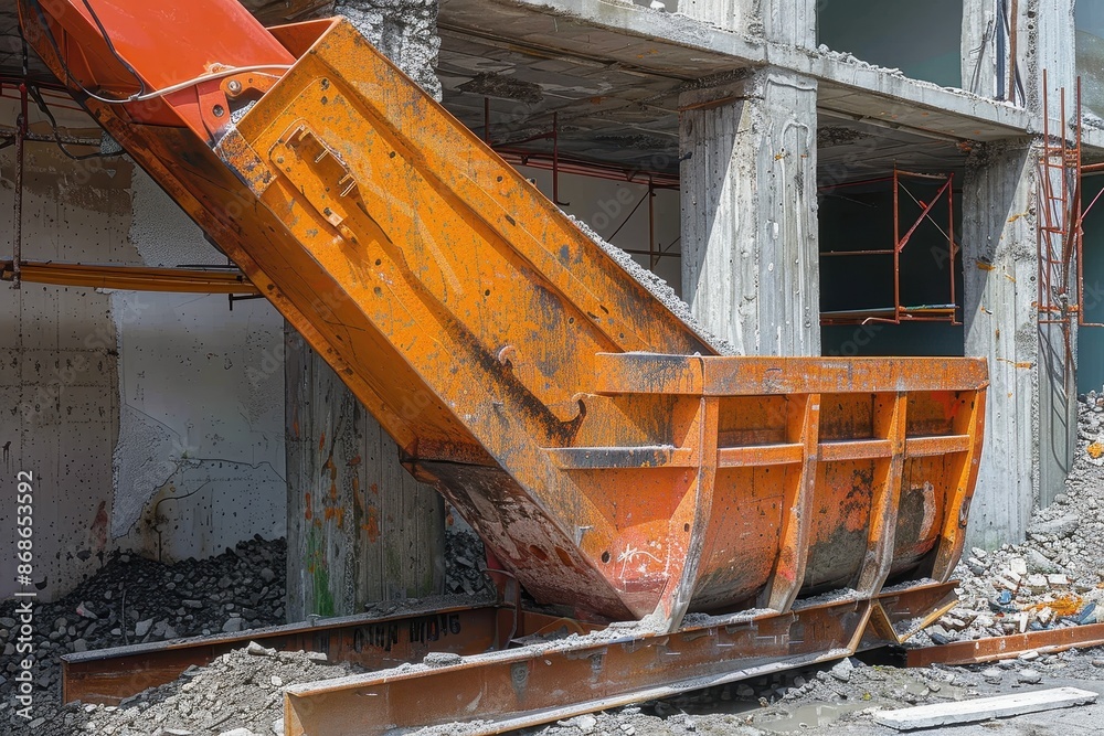 A construction chute leads to a large container filled with rubble at a ...