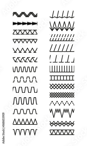 Set of machine thread sew brushes. Sewing stitches zigzag seamless elements. Overlock embroidery seams. Simple graphic illustration. Line border isolated on white background. Vector design.
