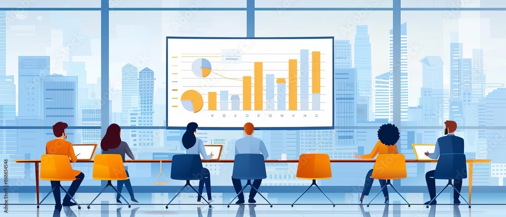 Obraz premium A strategic HR metrics review meeting with executives, modern boardroom, datadriven decisions
