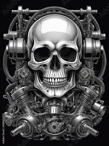 Detailed Design of a Skull Head Illustration with a Machine Suitable for Motorcycle Community T-Shirt Designs or Gangster Motorcycle Club Mascot Logos. skull head mascot artwork. Generative AI