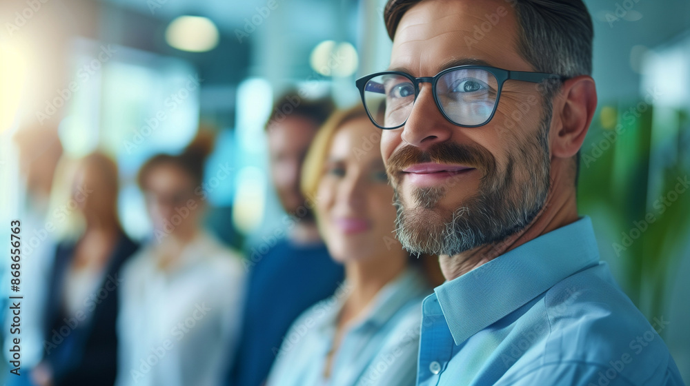 Smiling businessman with team in modern office setting. Smiling businessman with team in modern office setting.