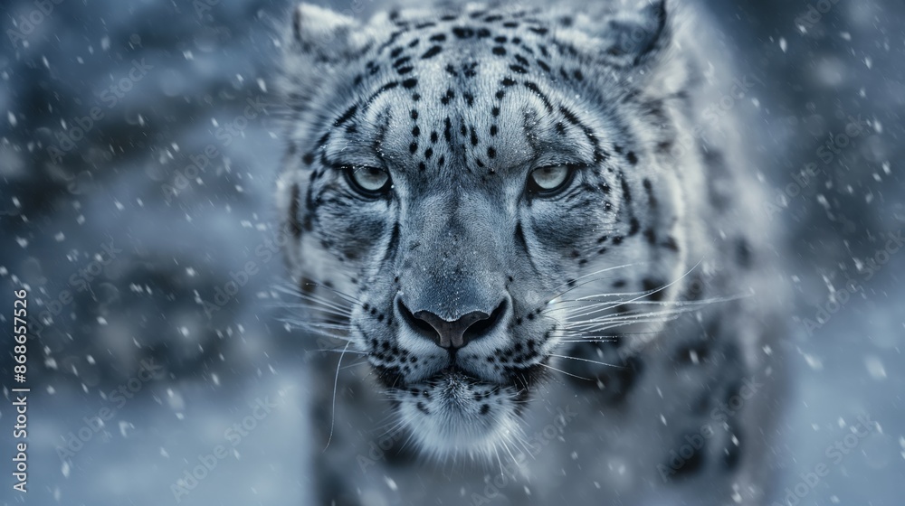 Close-up of a snow leopard face, falling snowflakes enhancing the winter wildlife atmosphere Close-up of a snow leopard face, falling snowflakes enhancing the winter wildlife atmosphere