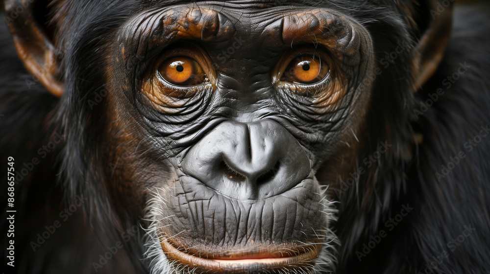 Detailed close-up of a chimpanzee's face with expressive eyes. Detailed close-up of a chimpanzee's face with expressive eyes.