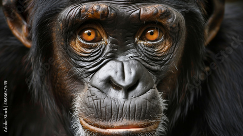 Detailed close-up of a chimpanzee's face with expressive eyes. © Roman