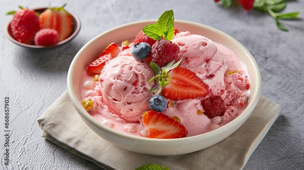 Dig into a bowl of yummy strawberry ice cream topped with fresh fruits! Dig into a bowl of yummy strawberry ice cream topped with fresh fruits!