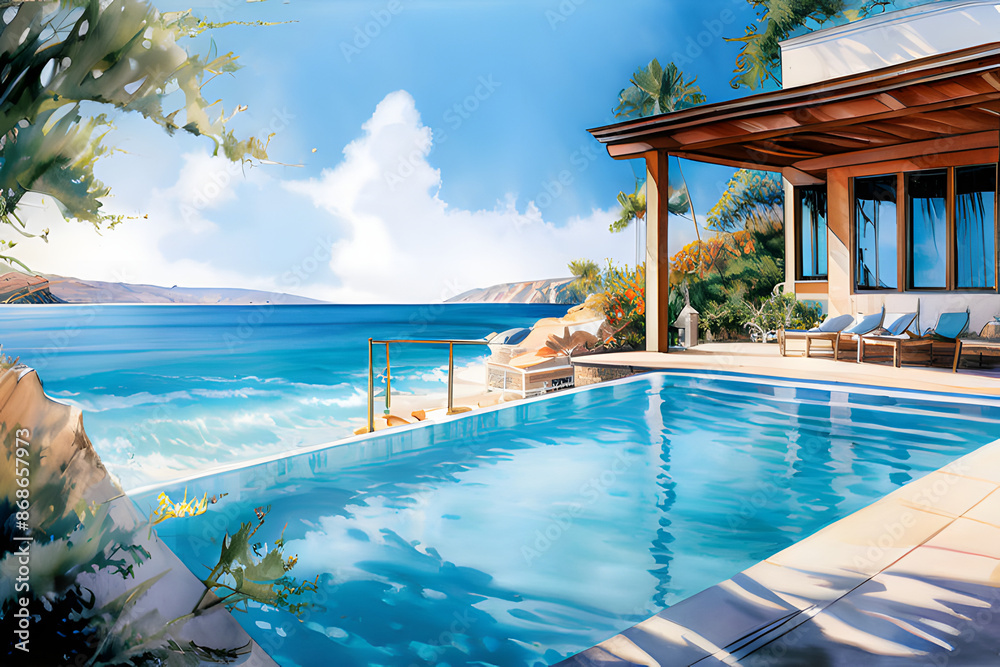 Fototapeta premium A sun-drenched deck wraps around a private pool, creating an idyllic space for soaking up the sun and cooling off with a refreshing dip. 