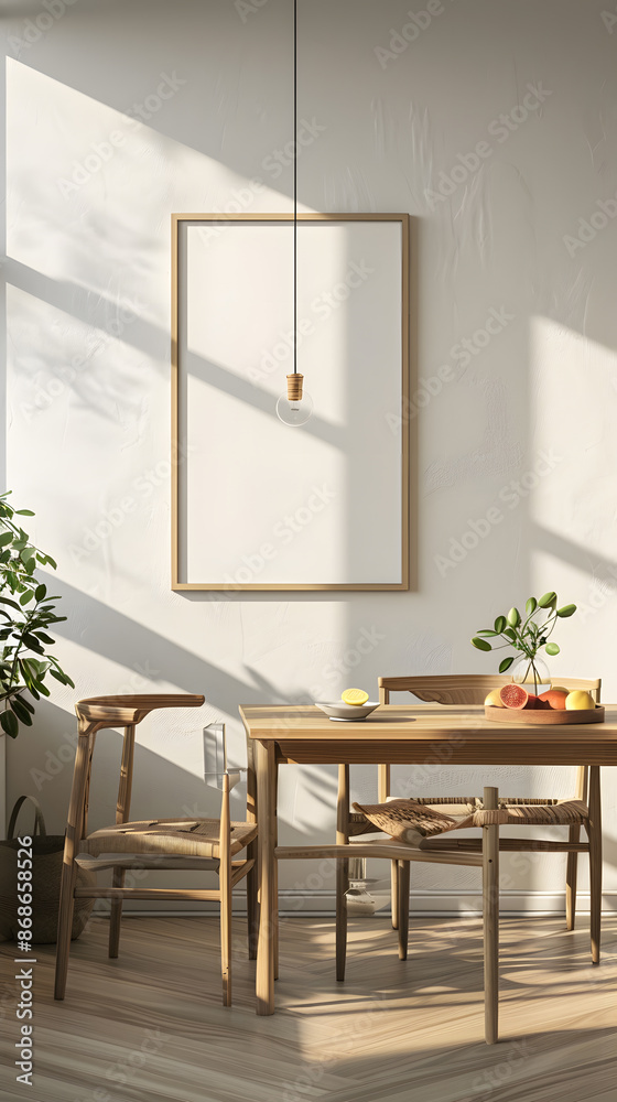 Scandinavian simple interior design living room, dining room with empty poster mockup on the wall Scandinavian simple interior design living room, dining room with empty poster mockup on the wall
