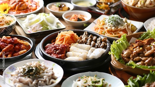 Korean Food Spread with Rice Cakes, Meat, and Vegetables - Realistic Image