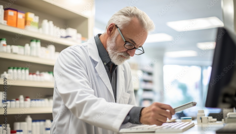 Pharmacist checking medications stocks in a pharmacy Pharmacist checking medications stocks in a pharmacy
